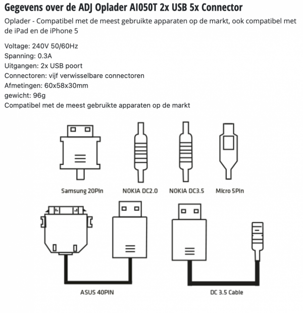 ADJ Oplader AI050T 2x USB 5x Connector