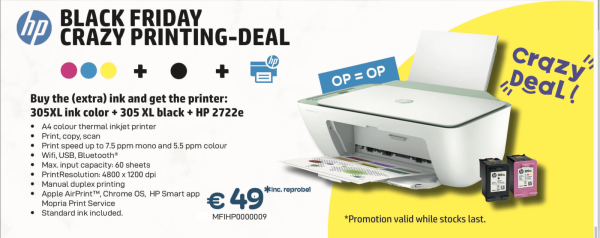 HP 2722e printer Black friday + extra inkt 305XL (op =op)